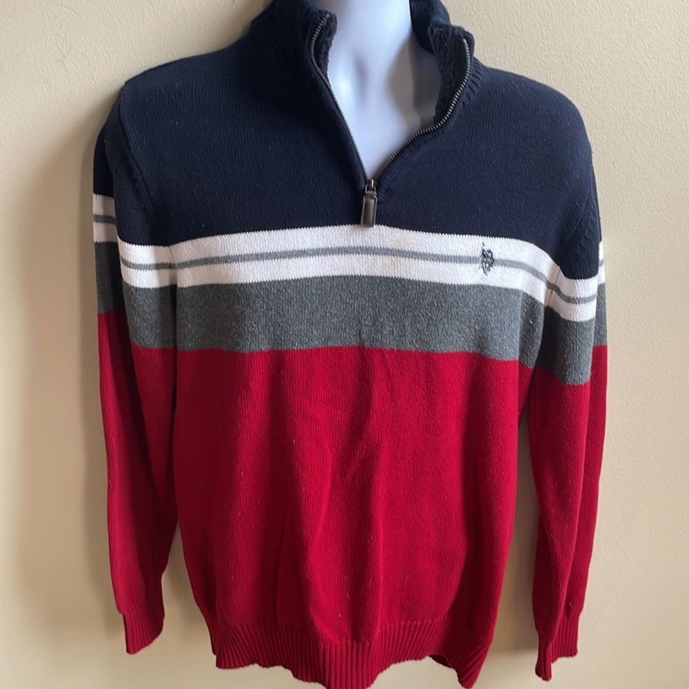 MENS MED US POLO ASSOCIATION 1/4 zip cotton pullover sweater red/blue/grey/white